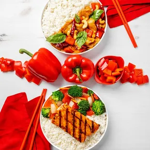 two bowls of chicken and vegetables