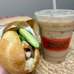 Grilled pork banh mi and signature milk tea