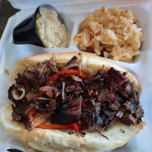 Brisket cheese steak w/mac and potato casserole