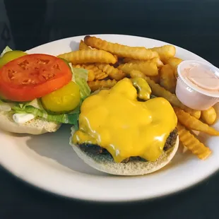 a cheeseburger and fries