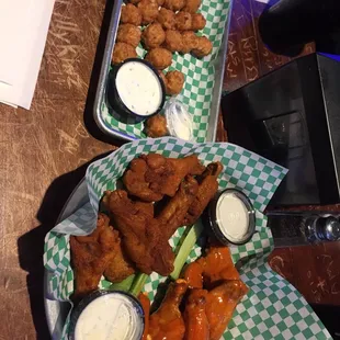 Fried hot pepper cheese curds with Old Bay and BuffaloBlue wings