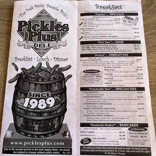 the menu for pickles plus