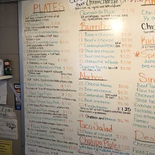 a menu on a white board