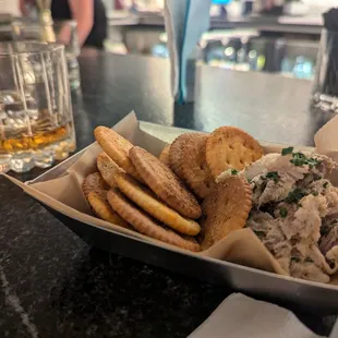 Trout dip with OldBay-seasoned Ritz crackers.