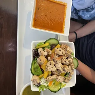 Tomato Basil Soup and Greek Salad with chicken