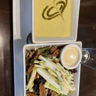 1/2 and 1/2: Cream of poblano soup and Vermont salad.