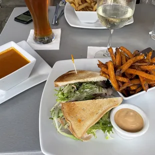 Orchard sandwich on gluten free bread with sweet potato fries and Tomato Basil Soup