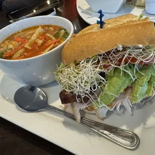 THE ULTIMATE Sandwich-  Smoked turkey, bacon, avocado, tomato, sprouts, mayo and cream cheese  W/ Tortilla Soup