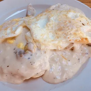 Biscuits and gravy with over easy eggs.  Gravy is to die for.  A++++++
