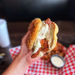 Garlic mashed potato Nashville hot chicken sandwich.