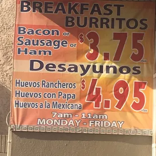 Breakfast Specials and inside they have a menu with both American and Mexican breakfast.
