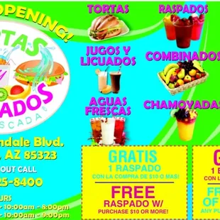 stop by and try our Tortas Raspados and many more antojitos.