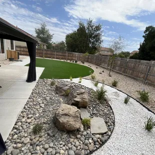 Three different types of rocks combined with an exquisite design that includes aluminum edging and synthetic grass !