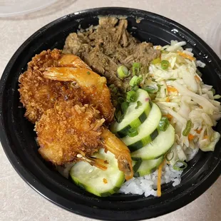 $13 Rice bowl combo with coconut shrimp and shredded pork doesn&apos;t look bad but doesn&apos;t taste good