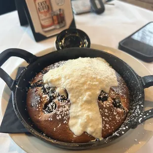Cast Iron Blueberry Pancake, not good and was very burnt at bottom