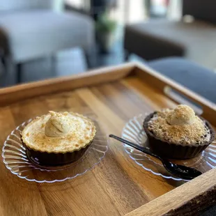 two pies on a serving tray