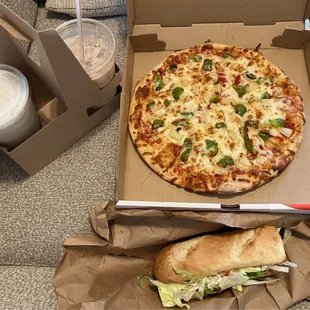 M Pizza (12&quot;), 8 Slices and a Turkey &amp; Cheese Sub. Chai Tea Freeze and Apple Pie Chai Latte.