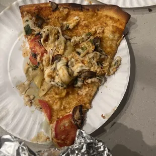 a slice of pizza on a paper plate