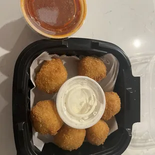 Mac and cheese balls with marinara and ranch