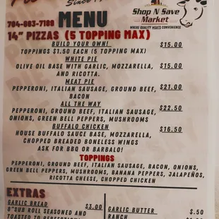 take out menu at Shop N Save while they finish up the new shop