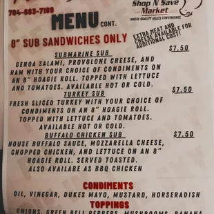 sammich menu at Shop N Save while they finish up the new shop