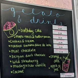 Gelato and beverage menu