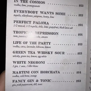 Cocktail menu