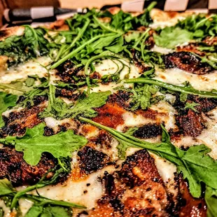 bacon, spinach, asiago: white sauce, fresh spinach, pepper crusted bacon, mozzarella, asiago, fresh arugula.