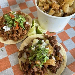 Al Pastor Taco (Pork) and Chorizo Street Taco and Cotija Potatoes