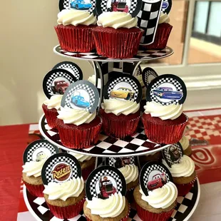 Car themed cupcakes. Very cute accessory to cars cake.