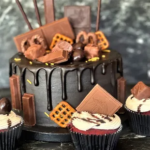 Blackout Chocolate Drip Custom Cake with Red Velvet Chocolate Drizzle Cupcakes and Desserts