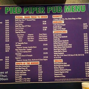 the menu for the pied piper pub