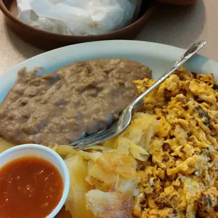 Chorizo and egg breakfast plate.