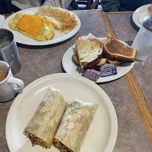 Sausage burrito and omelette