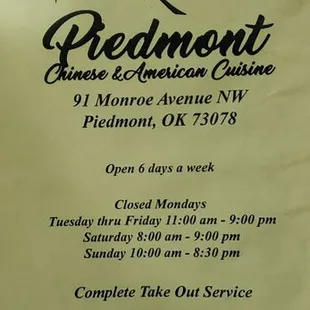 the menu for the restaurant