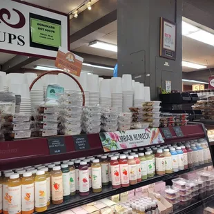 Solid selection of kombucha drinks and energy shots. Hot soup is about $7 for small and $11 for large.