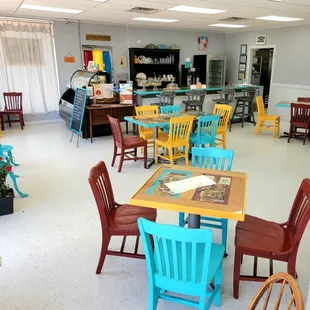 The pie display case on upper left. 4 tables in main room, and a side room with 2 more. One restroom.