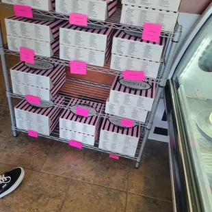 a display of boxes of pies