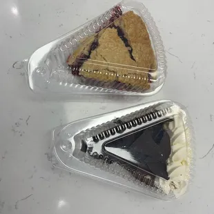 Triple berry pie on the top and French silk on the bottom.