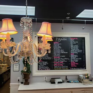 a chandelier in a bakery