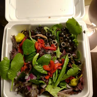Wow... So many olives and slimey red peppers... Where to start?