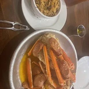 Snow crab legs and dirty rice. VERY GOOD FOOD!!!