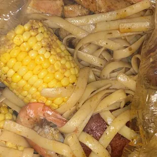 Crab legs, shrimp, corn, &amp; egg