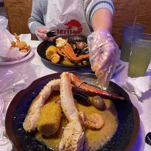 1lb king crab and 1 1/2 snow crab with mussel and shrimp basket of fried shrimp and hush puppies.