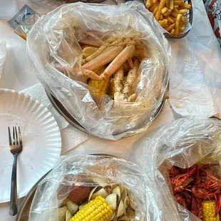 snow crabs, crawfish, clams, cajun fries
