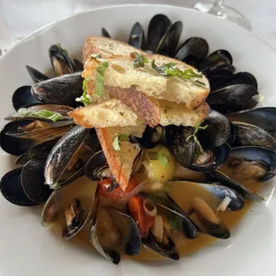 Mussels in white wine sauce. Extremely tasty but very small mussels!