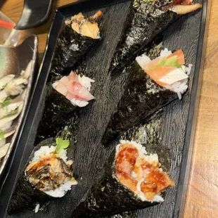 Hand rolls (Salmon Skin, salmon avocado, yellowtail, Unagi)