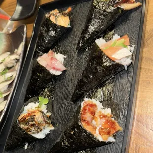 Hand rolls (Salmon Skin, salmon avocado, yellowtail, Unagi)