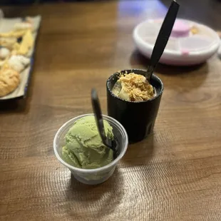 Green tea ice cream and affogato. One dessert per person