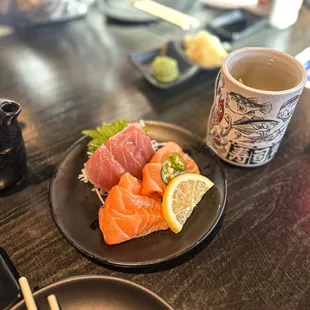Salmon, yuzu salmon, tuna sashimi